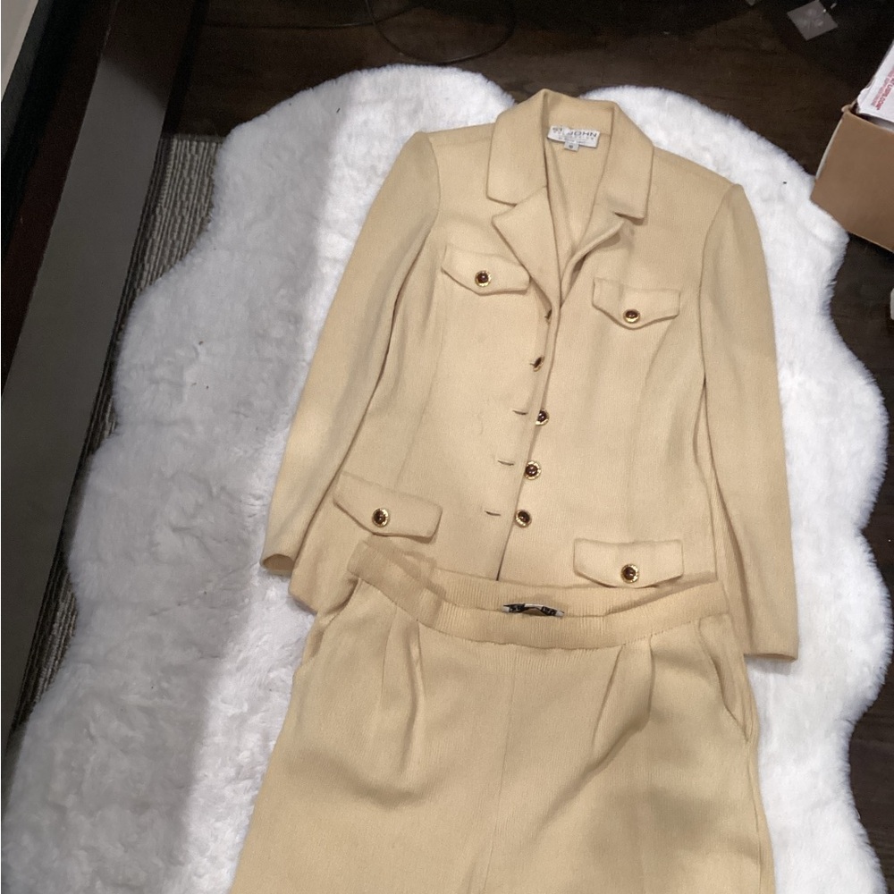 St. John Cream Knit Pants Suit with Gold-Tone Buttons